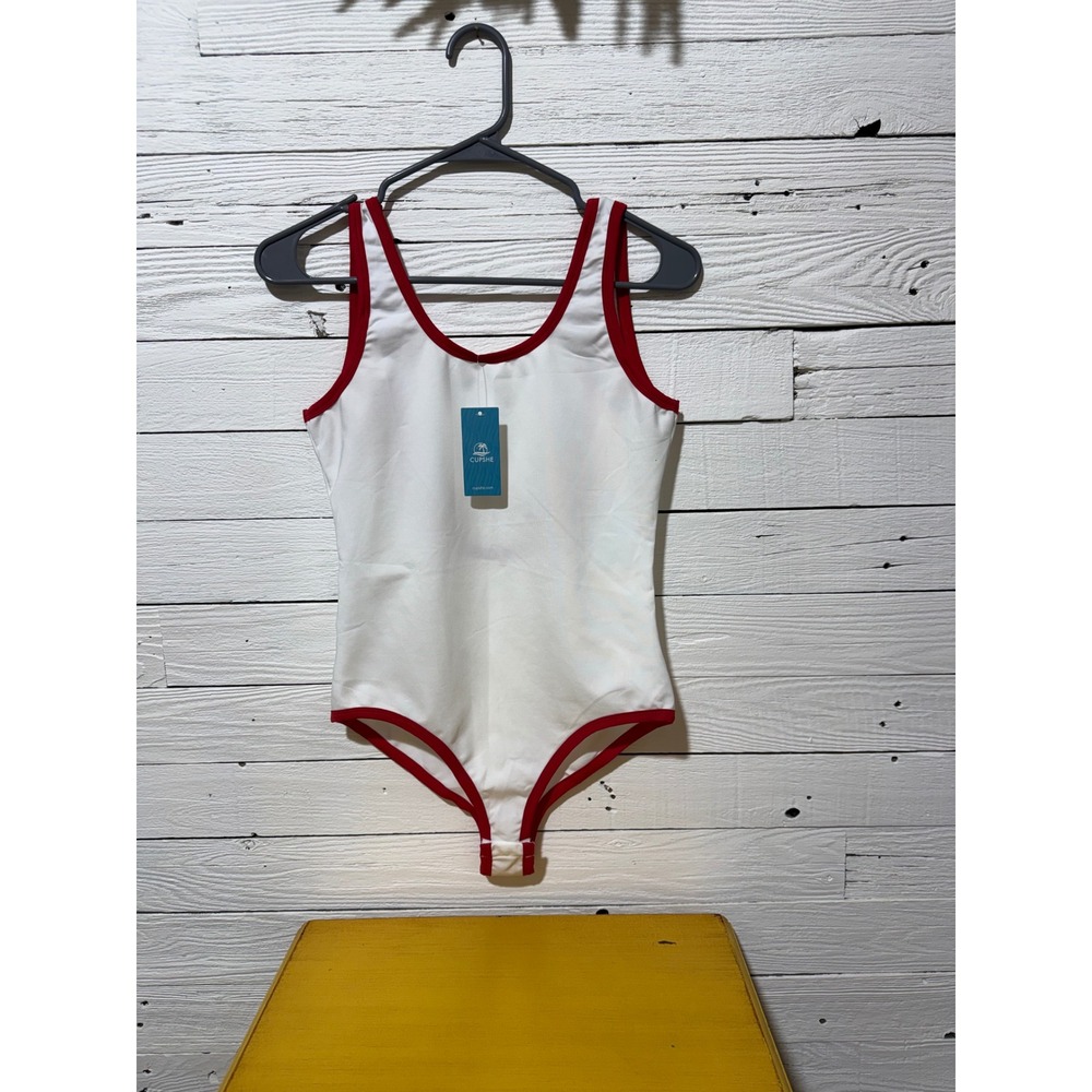 CUPSHE White Red Ringer Bodysuit Scoop Neck Low Back Medium CAA13C4E001CE - Picture 1 of 5
